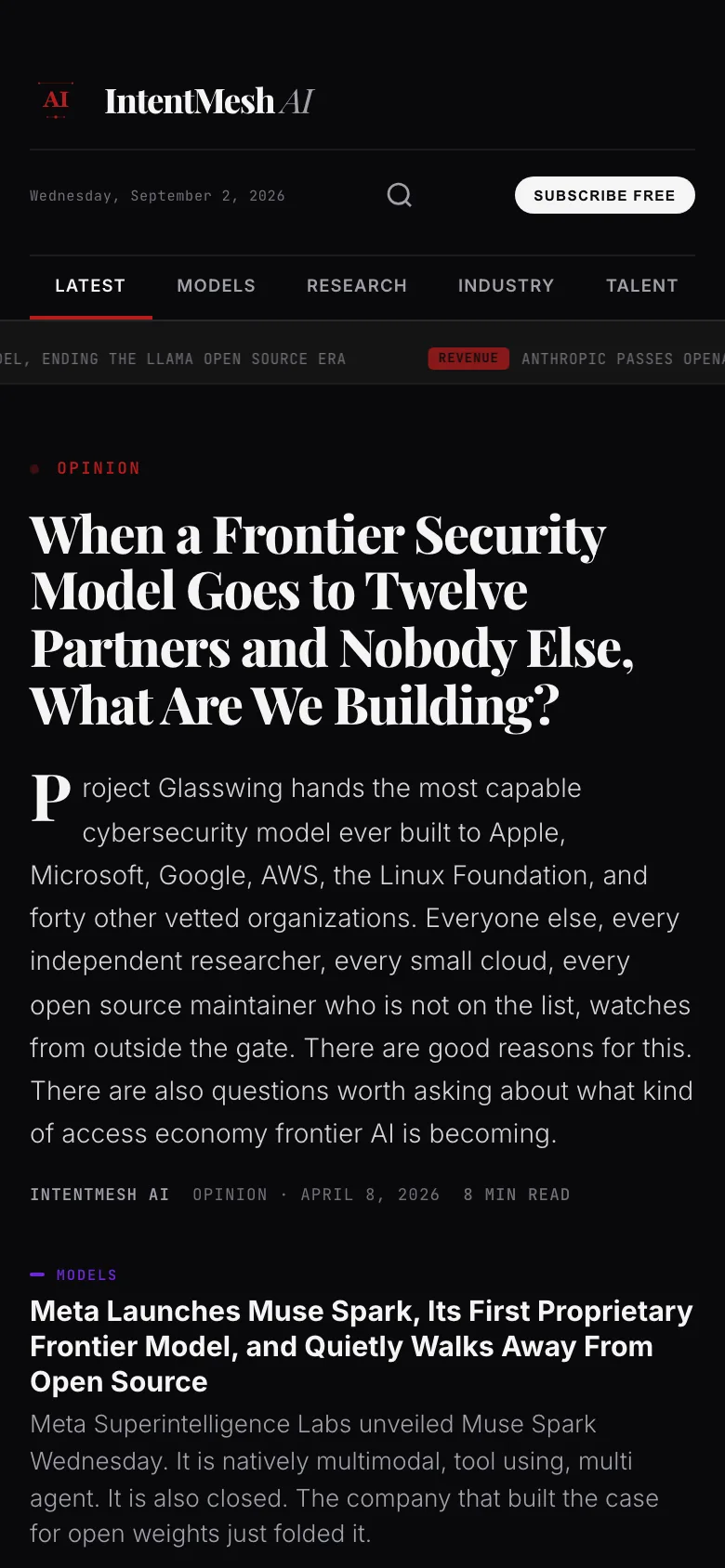 IntentMesh AI News front page on a phone