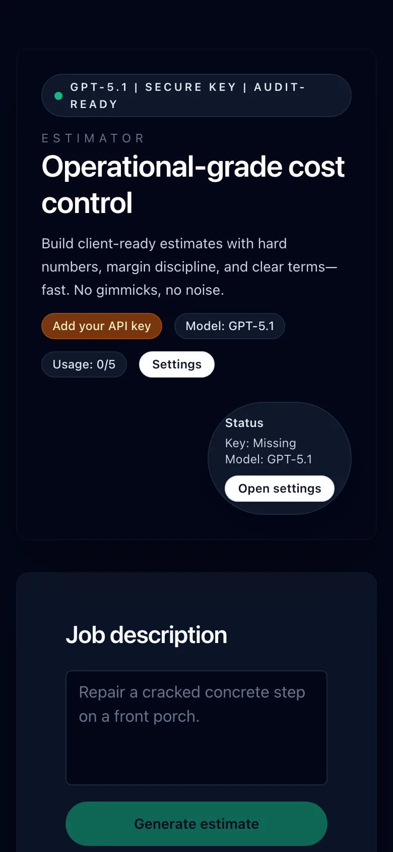 Estimations app on a phone