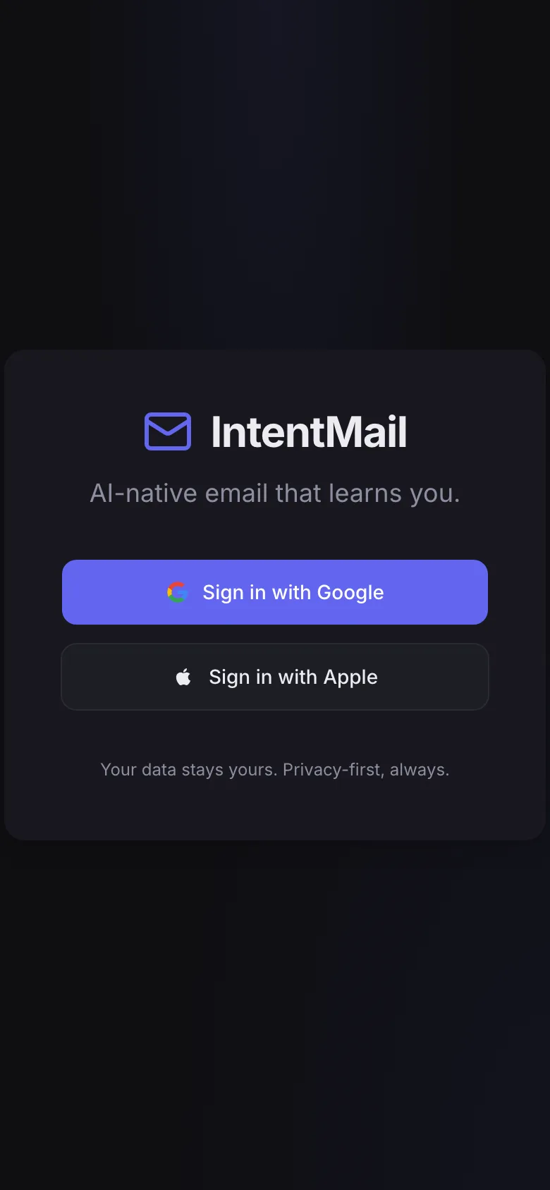 IntentMail sign-in screen on a phone