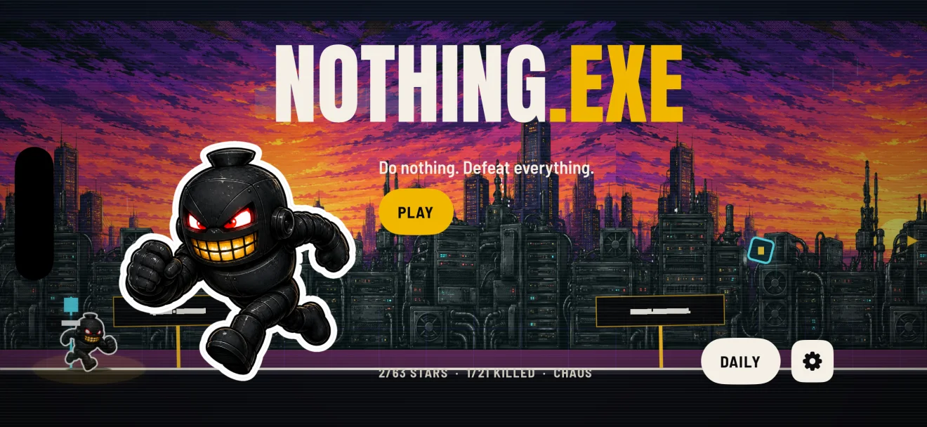 NOTHING.EXE title screen: the robot over a neon city