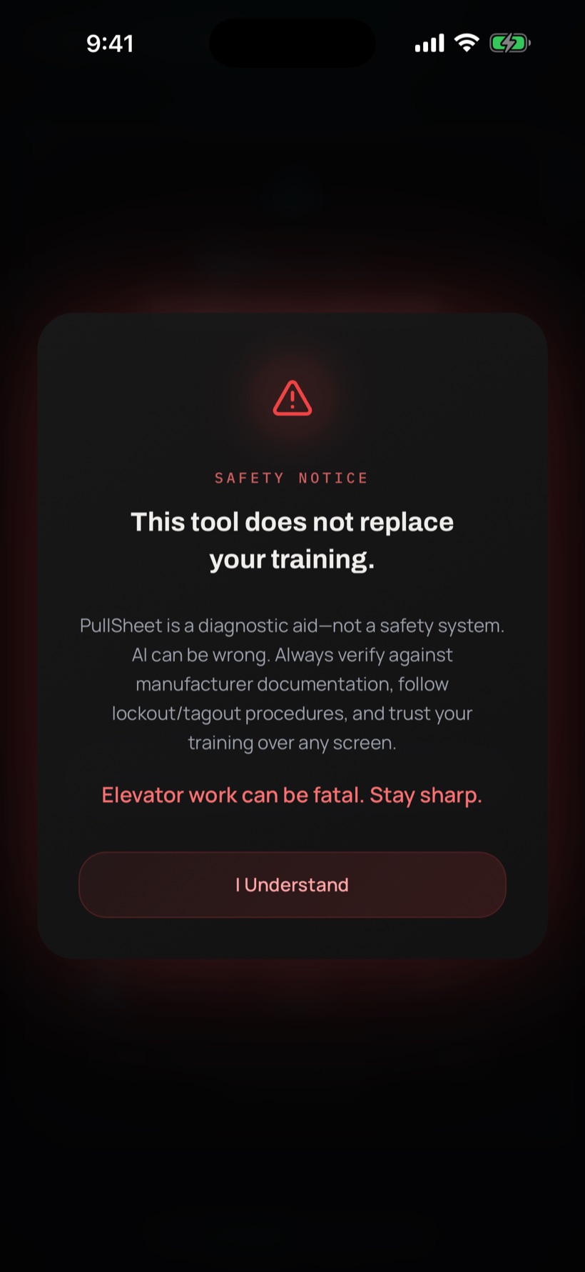 The safety notice you acknowledge before the app helps